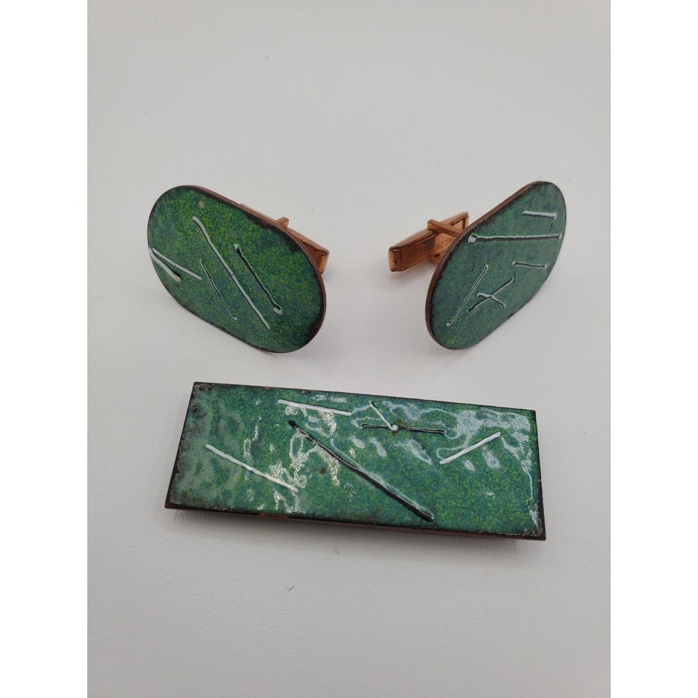 Vtg MCM Copper Green Enamel Men Cuff Links Tie Clip Modern Art